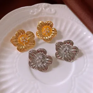 Flower Stud Earrings Copper Zircon With 925 Sterling Silver Earring Post Textured Five Petal Jewelry For Women