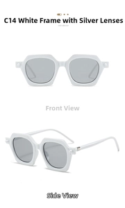 Detailed views of white hexagonal sunglasses featuring silver mirrored lenses and thick frame