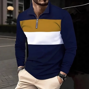 Polo à manches longues pour hommes avec design rétro color-block et col zippé tendance