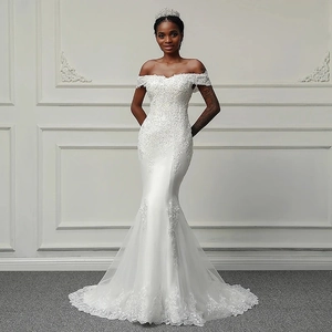 Schulterfreies Meerjungfrau Hochzeitskleid Spitzenstickerei Perlen Brautkleid Rücken Schnürung Elegant Für Frauen