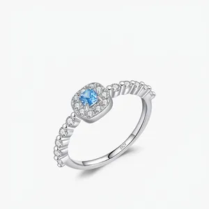 Square Blue Crystal Ring 925 Sterling Silver Halo Sparkling Zircon Elegant Fashion Jewelry For Women Gift