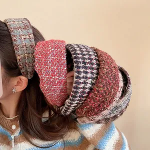 French tweed wide headband set in vintage plaid patterns for a high-crown elegant look