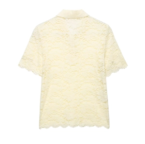Pale yellow short sleeve lace polo shirt featuring delicate scalloped hem and back view