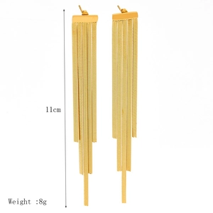 Detail view of 11cm long 18k gold-plated blade chain tassel earrings with 8g weight specs