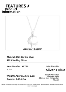 Detail shot of S925 sterling silver moon and star pendant with precise measurements