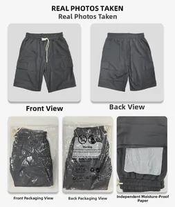 Detailed views of dark grey cargo shorts featuring elastic waist and utility flap pockets