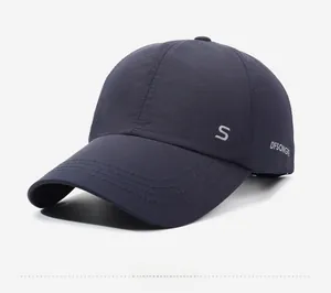 Close-up of navy blue quick-dry baseball cap featuring letter S print and side branding