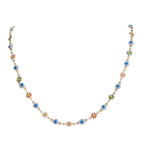 Detail of bohemian evil eye necklace with colorful resin flowers and gold chain