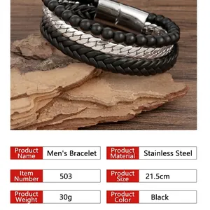 Men's multi-layer black braided leather and obsidian bead bracelet with stainless steel clasp