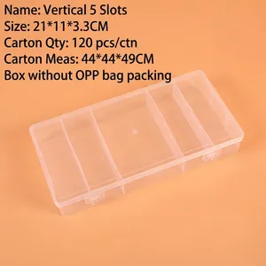 Detailed view of clear 5-compartment plastic organizer box measuring 21x11x3.3cm