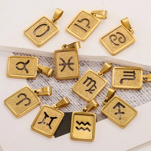 Set of 12 gold rectangular 18K stainless steel zodiac pendants with a sandblasted finish