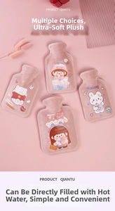 Detail of pink plush hot water bottles with cute cartoon girl and bear illustrations