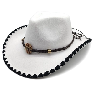 Classic white wool felt cowboy hat with black stitched brim and braided belt detail
