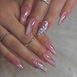 Long Almond Press On Nails Cat Eye Pink Ombre White Floral Design Glossy Artificial Fake Fingernails For Women