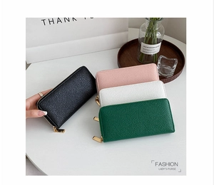 Litchi pattern leather wallets in four colors with high-quality gold zipper detailing
