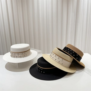 Elegant wide-brim straw hats in four colors with rhinestone silk bands and flat top