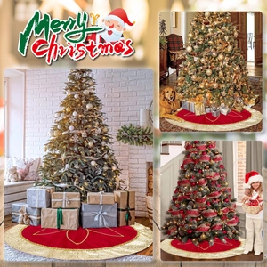 Collage of red velvet Christmas tree skirt with gold patterns in various festive settings