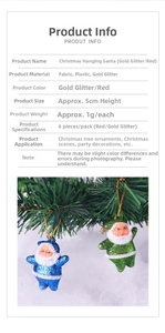 Detail view of 5cm glittery Santa Claus ornaments on a pine branch for tree decoration
