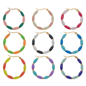 Set of nine bamboo style stainless steel hoop earrings with colorful enamel beads