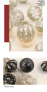 Detailed close-up of decorative Christmas balls with gold mesh and pearl embellishments