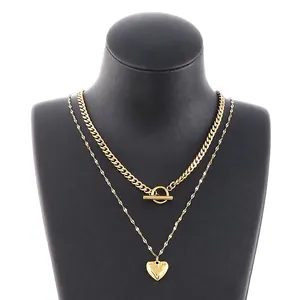 Layered Stainless Steel Necklace Heart Pendant OT Toggle Clasp Cuban Link Chain Trendy Punk Gothic For Women
