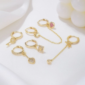 Chic 6-piece gold heart earrings set with zircon micro-pave and padlock charms
