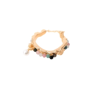 18k gold plated vintage open ring featuring a wavy texture with colorful beads and pearl