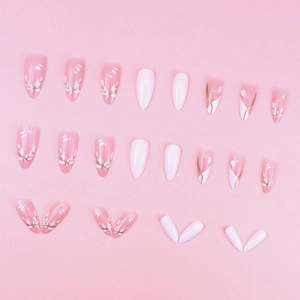 24pcs almond shape press-on nails with pink floral pattern and gold streamline details