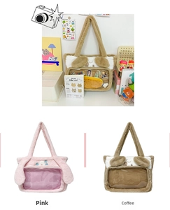 Detail of plush cat ear tote bags in pink and brown with clear PVC display windows
