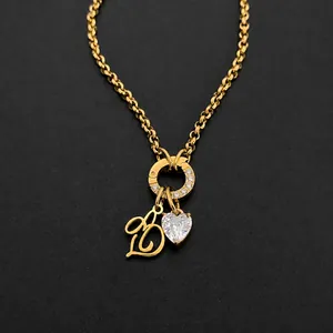 Stainless Steel Initial Alphabet Necklace For Women Gold Silver Plated Art Letter Heart Rhinestone Pendant DIY Jewelry Gift