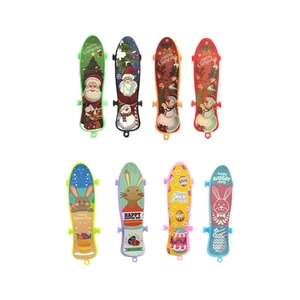 Mini plastic finger skateboards with colorful Christmas and Easter themed patterns