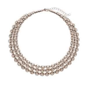 Three-layer silver choker necklace featuring rows of sparkling rhinestones and lobster clasp