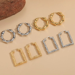 Bamboo texture hollow hoop earrings in gold and silver stainless steel 18K plated