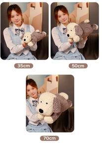 Plush dog toy size comparison in 35cm, 50cm, and 70cm held by a model in home setting