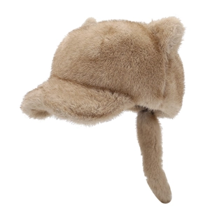 Cute camel faux fur baseball cap with cat ears and plush earflaps for winter warmth