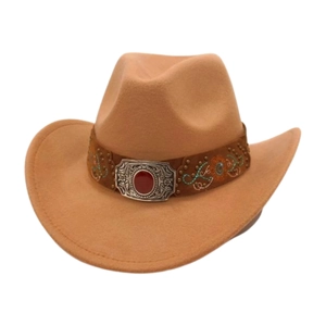 Close-up of ethnic hat band with vintage silver buckle and ruby gemstone detail