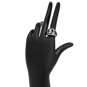 Bague hip-hop homme avec signe dollar sur face noire et motifs de grille latéraux