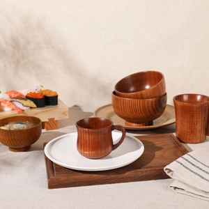 Nordic vintage solid wood beer mugs and tableware set with natural brown grain texture
