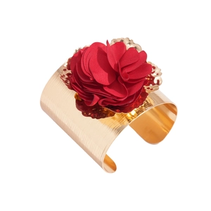 Exaggerated retro gold metal cuff bracelet with a large red layered fabric flower
