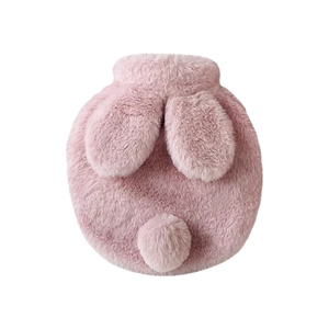 Pink rabbit-shaped plush hot water bottle cover with fluffy bunny ears and tail