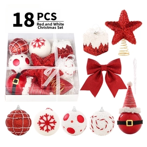 Detailed set of 18 red and white Christmas ornaments with glitter balls and bows