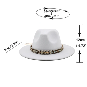 Detailed dimensions of white wide brim fedora hat with ethnic band 56-58cm head size