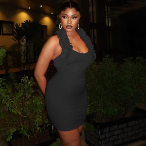 Elegant black ruffle neck backless bodycon dress for women in a stylish outdoor night setting