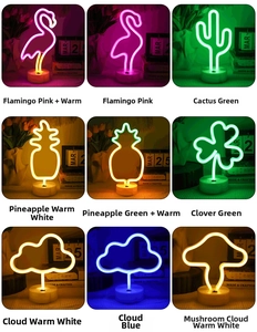 Collage of LED neon night lights in various shapes like flamingo and cactus with round base