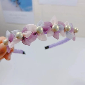 Elegant purple mesh flower headband with gradient petals and pearl embellishments