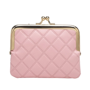 Pink quilted PU leather mini coin purse with classic golden kiss lock closure