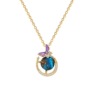 Titanium steel necklace with blue star planet, purple butterfly, and sparkling crescent moon