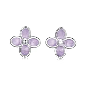 925 Sterling Silver Lilac Flower Stud Earrings For Women Purple Enamel Floral Earrings Platinum Plated Small Fresh Style Jewelry Gift
