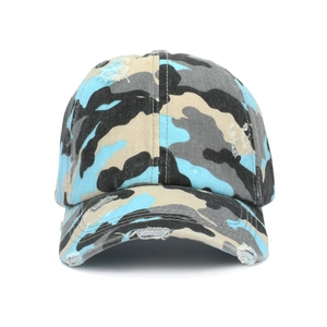 Detailed close-up of blue camo ponytail baseball cap with distressed worn-out edges