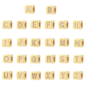 Golden 18K plated cube beads with A-Z alphabet zircon inlay for DIY jewelry making